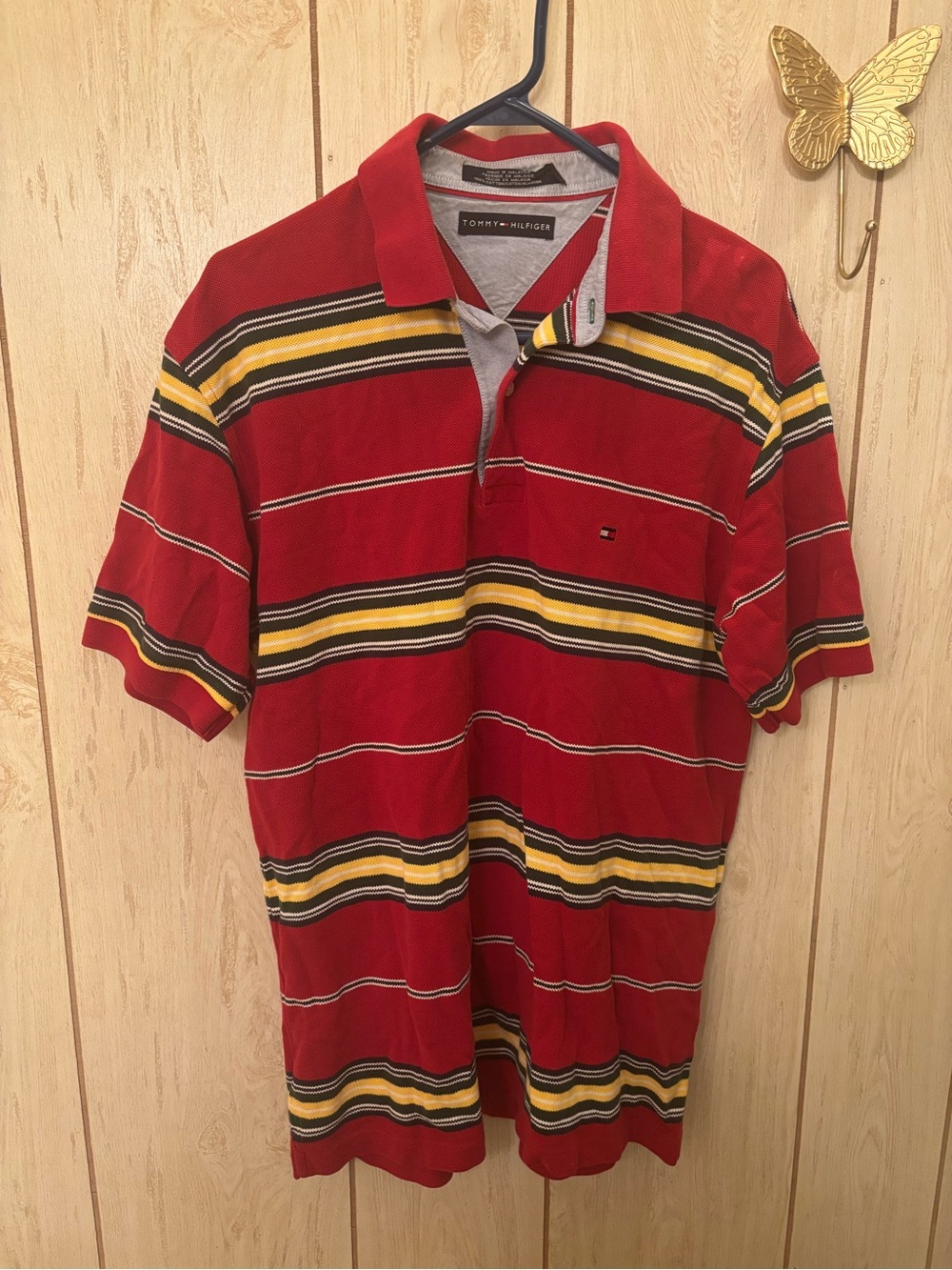 Tommy Hilfiger Red Polo with Yellow, Black & White Stripes
